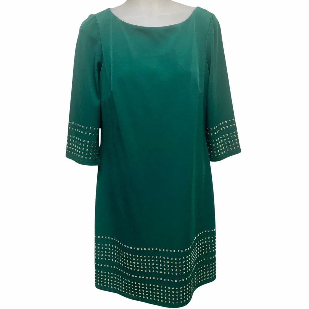 JESSICA HOWARD Dress Kelly Green Gold Embossed Stretch Relaxed Fit Shift… - Picture 1 of 7